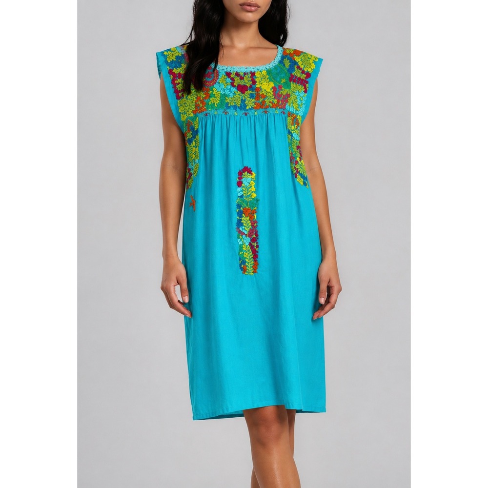 Mi Golondrina Mexico Embroidered Floral Tunic Dress Turquoise Blue Medium